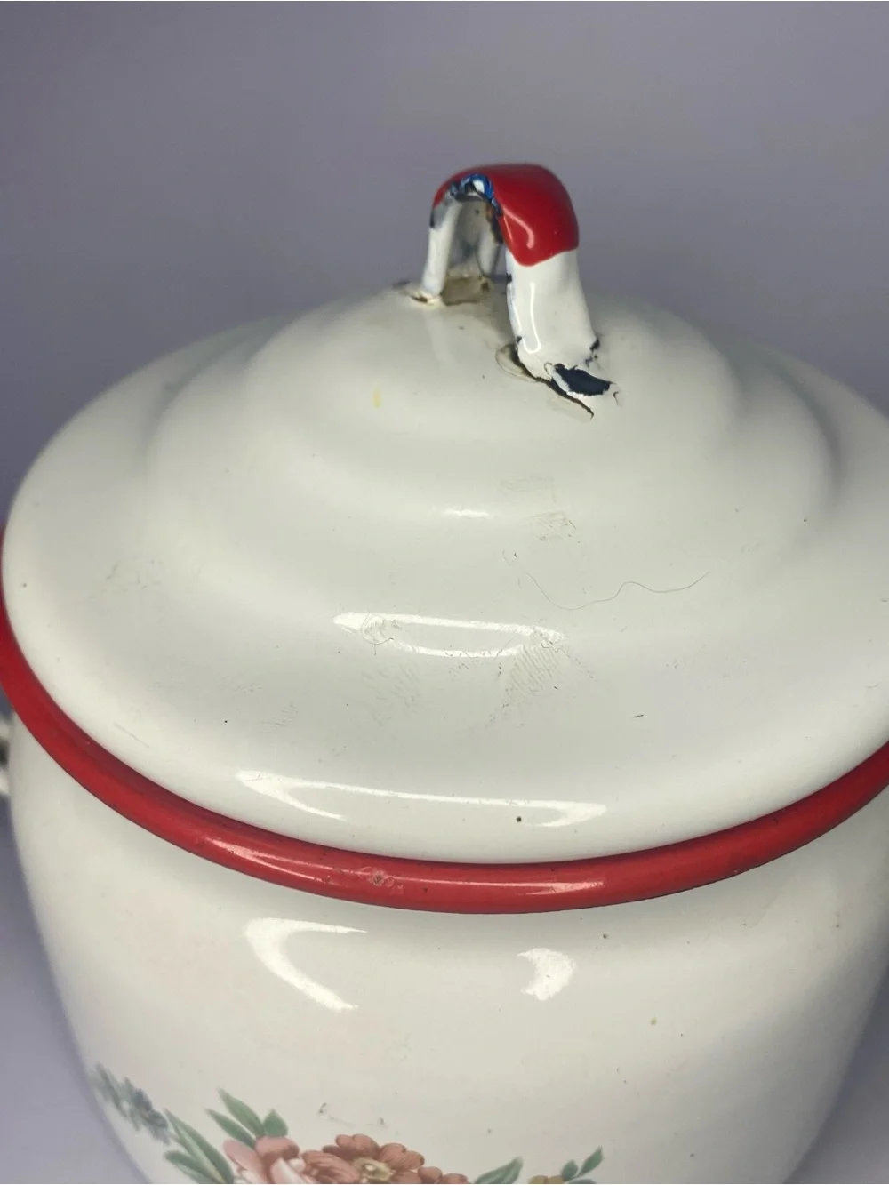 Vintage Cinsa Saltillo Mexico Enamelware White/Red Sugar Pot Floral Design